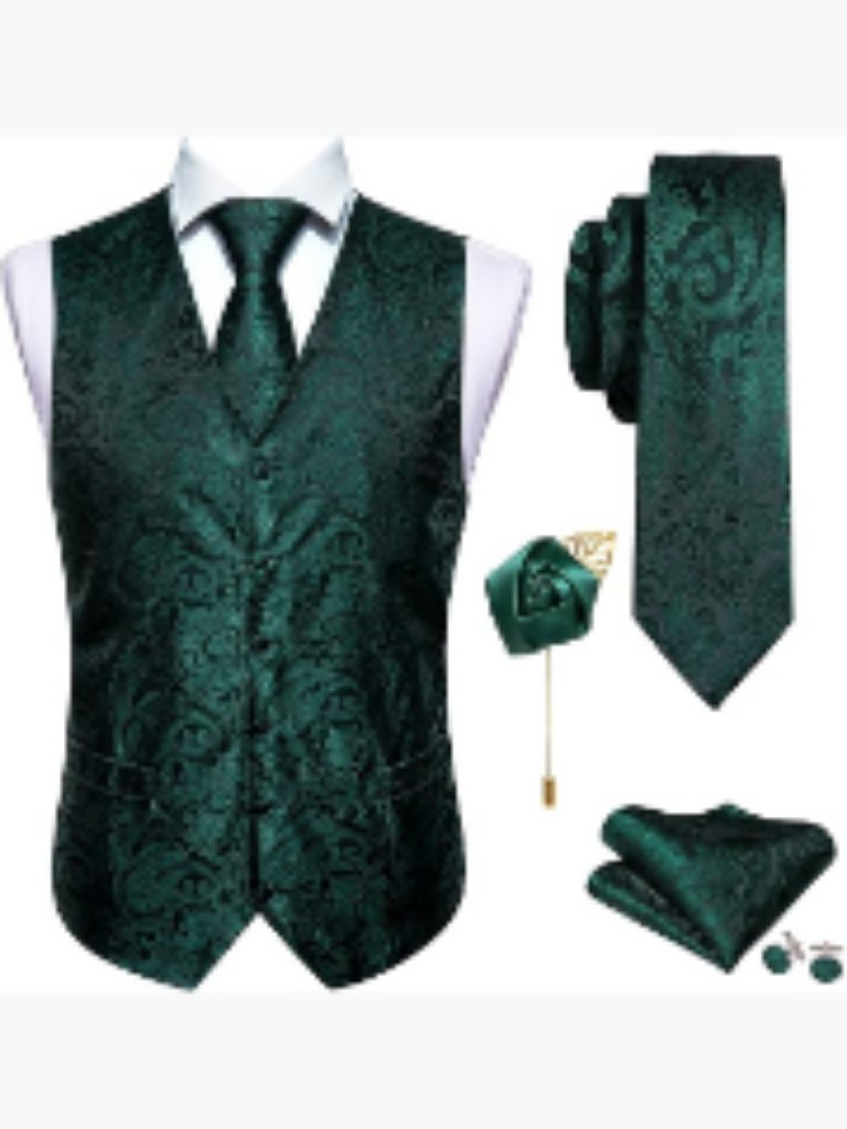 5 Piece Men's V-Neck Paisley Suit Vest Set With Tie, Hanky, Cufflinks, Clip